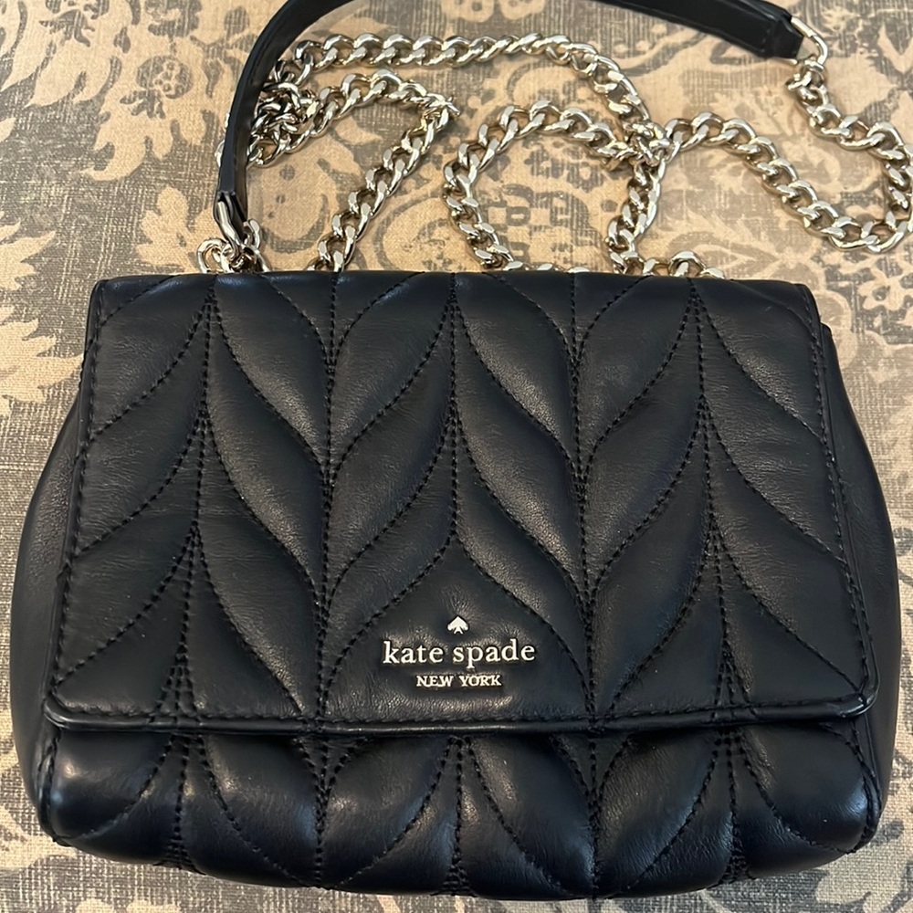 Kate Spade black, quilted bag with gold chain strap. 6 inch width, 5 inches tall